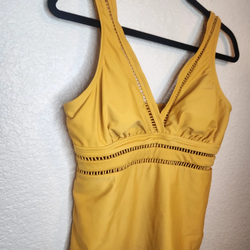 Time And Tru Womens Missy Tankini Swim Top Yellow Boho Travel Retro M 8 10